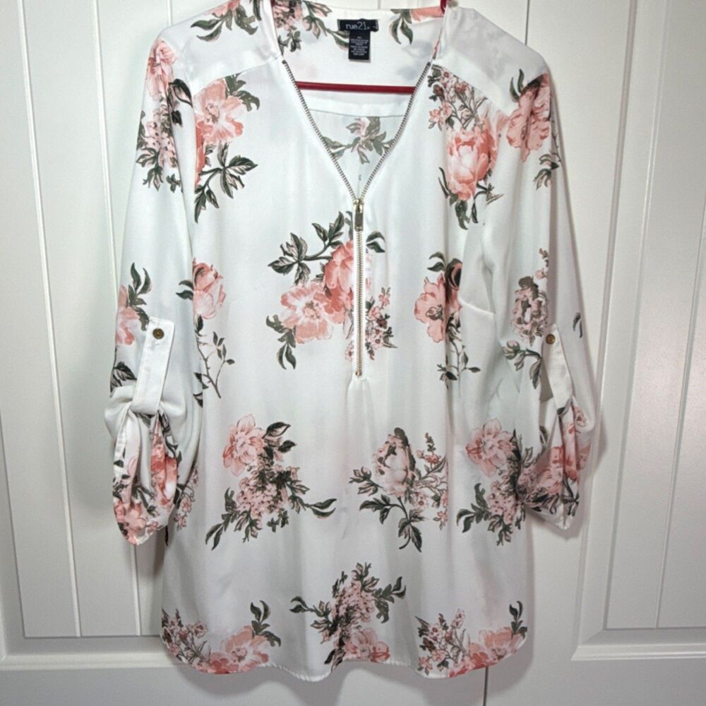 rue21 White Pink Green Floral Zip Front V-Neck Roll Tab 3/4 Blouse XL Polyester